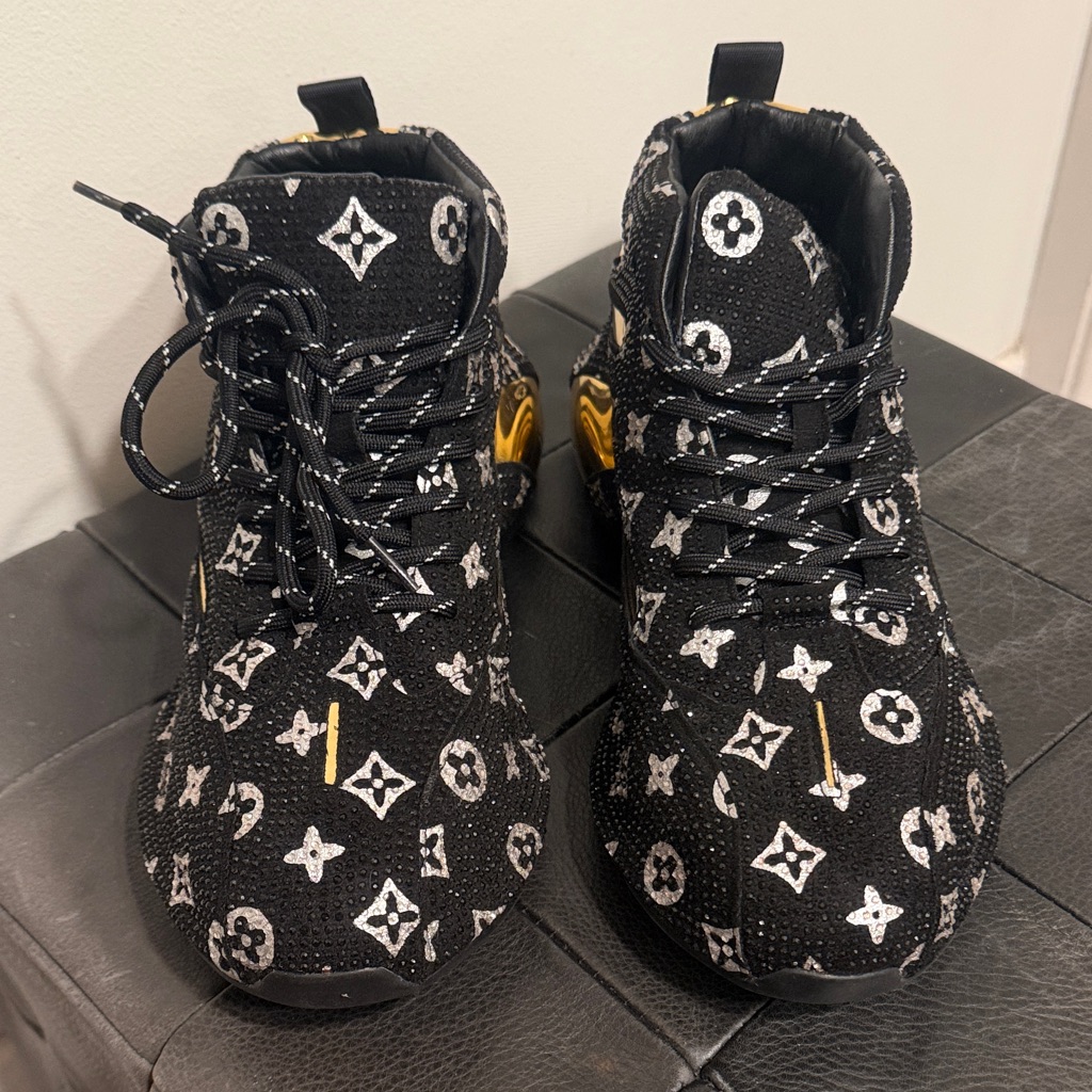 Monogram Silver/Black Patterned High-Top Sneakers With Gold Detail New